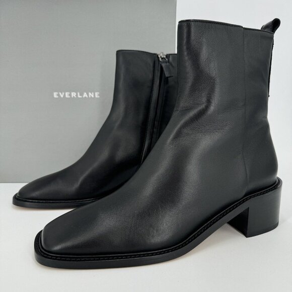 Everlane The City Boot in Black Leather sz 11 Women's Side Zip Block Heel Ankle - Picture 1 of 5